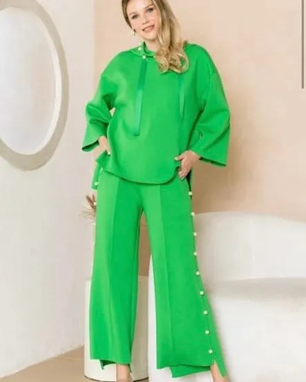 2 pc Bright Apple Green, Bright or Light Pink Pearl Embellished Luxury Lounge Pant Set