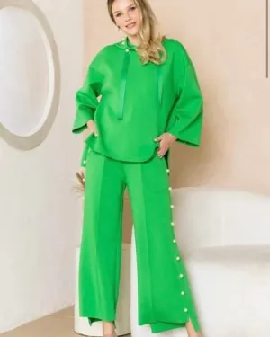 2 pc Bright Apple Green, Bright or Light Pink Pearl Embellished Luxury Lounge Pant Set