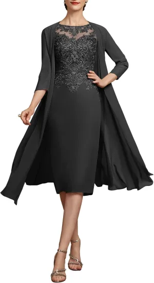 2 Pieces Tea Length Mother of The Bride Dresses for Wedding Sequins Lace Formal Evening Gowns with Long Jacket