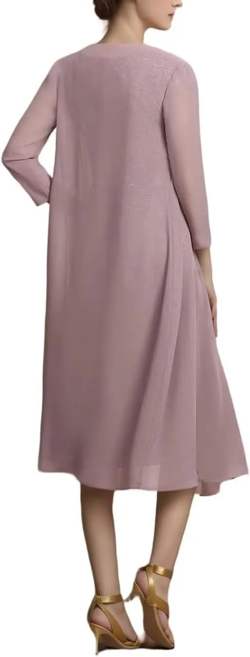 2 Pieces Tea Length Mother of The Bride Dresses for Wedding Sequins Lace Formal Evening Gowns with Long Jacket