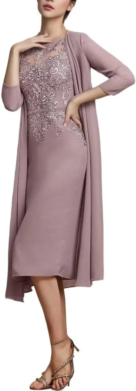 2 Pieces Tea Length Mother of The Bride Dresses for Wedding Sequins Lace Formal Evening Gowns with Long Jacket