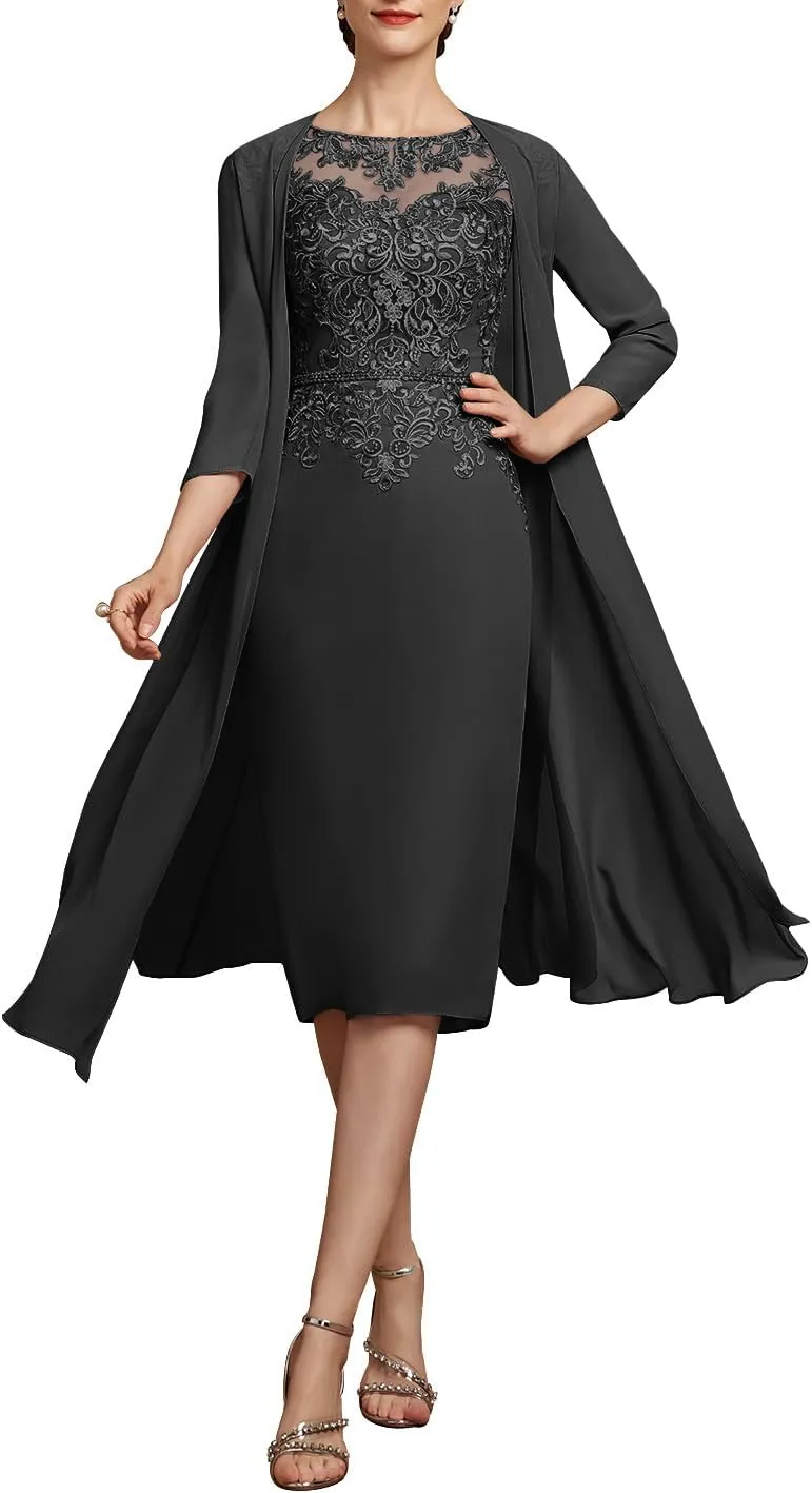 2 Pieces Tea Length Mother of The Bride Dresses for Wedding Sequins Lace Formal Evening Gowns with Long Jacket