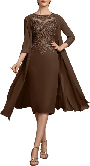 2 Pieces Tea Length Mother of The Bride Dresses for Wedding Sequins Lace Formal Evening Gowns with Long Jacket