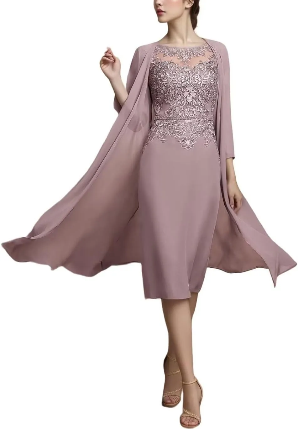 2 Pieces Tea Length Mother of The Bride Dresses for Wedding Sequins Lace Formal Evening Gowns with Long Jacket
