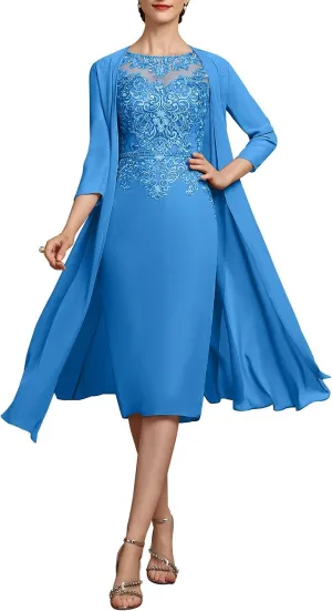 2 Pieces Tea Length Mother of The Bride Dresses for Wedding Sequins Lace Formal Evening Gowns with Long Jacket