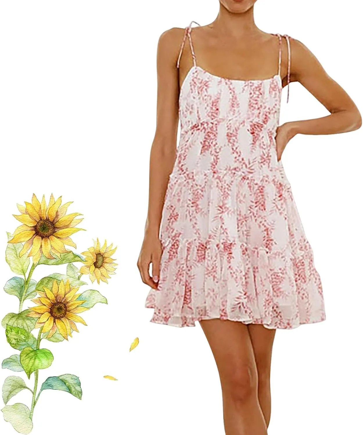 2025Summer Women Floral Mini Dress Spaghetti Strap Ruffle Tiered Dress, Cute Y2K Chiffon Flowy A Line Babydoll Short Dresses