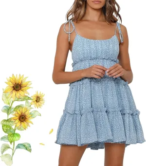 2025Summer Women Floral Mini Dress Spaghetti Strap Ruffle Tiered Dress, Cute Y2K Chiffon Flowy A Line Babydoll Short Dresses
