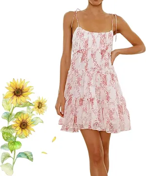 2025Summer Women Floral Mini Dress Spaghetti Strap Ruffle Tiered Dress, Cute Y2K Chiffon Flowy A Line Babydoll Short Dresses