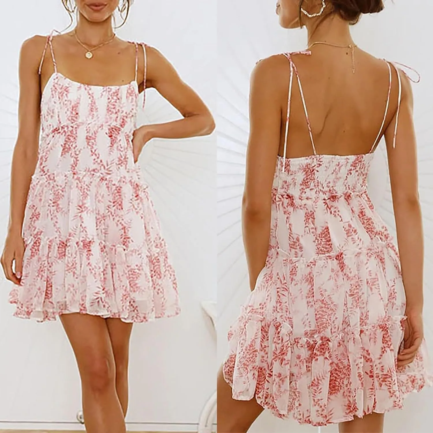2025Summer Women Floral Mini Dress Spaghetti Strap Ruffle Tiered Dress, Cute Y2K Chiffon Flowy A Line Babydoll Short Dresses