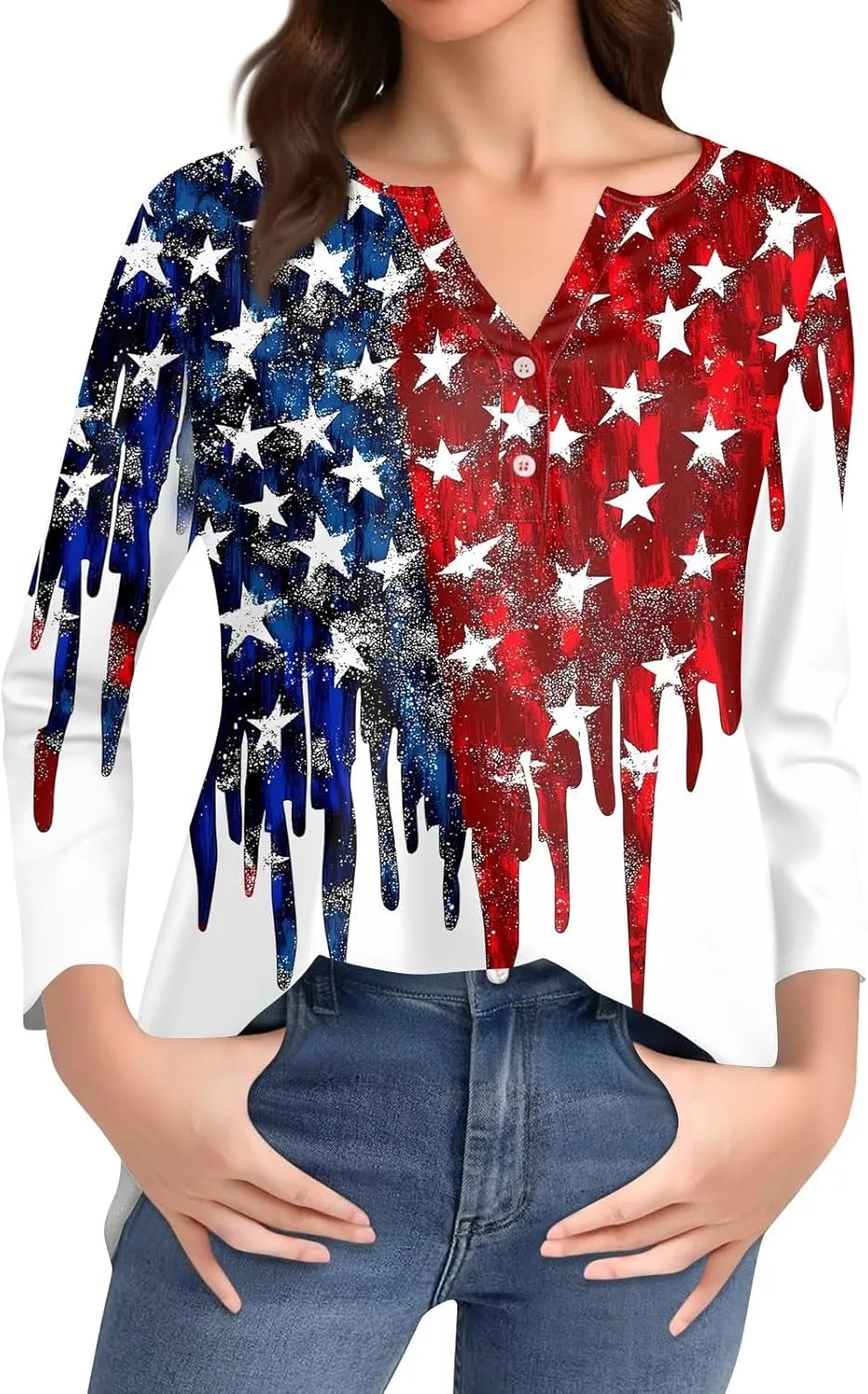 3/4 Length Sleeve Womens Tops Henley V Neck Summer Shirts Casual Elbow Length Button Down Shirt Floral Print Blouses
