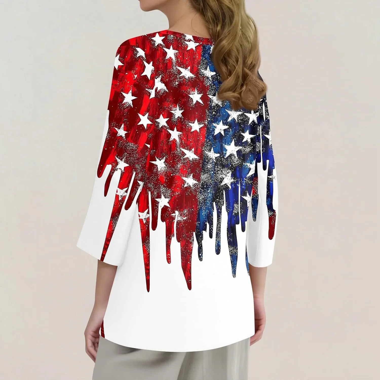 3/4 Length Sleeve Womens Tops Henley V Neck Summer Shirts Casual Elbow Length Button Down Shirt Floral Print Blouses