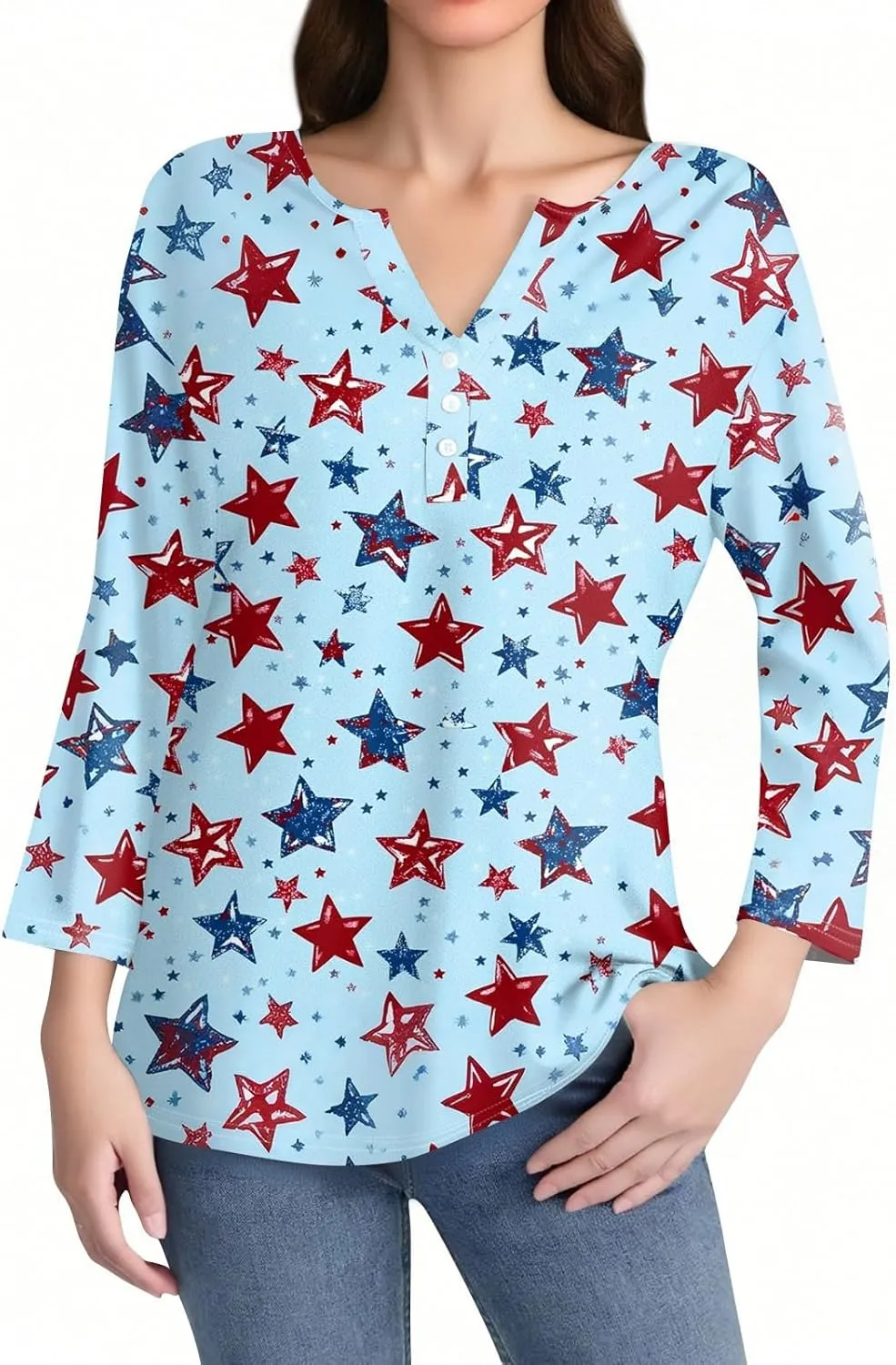 3/4 Length Sleeve Womens Tops Henley V Neck Summer Shirts Casual Elbow Length Button Down Shirt Floral Print Blouses