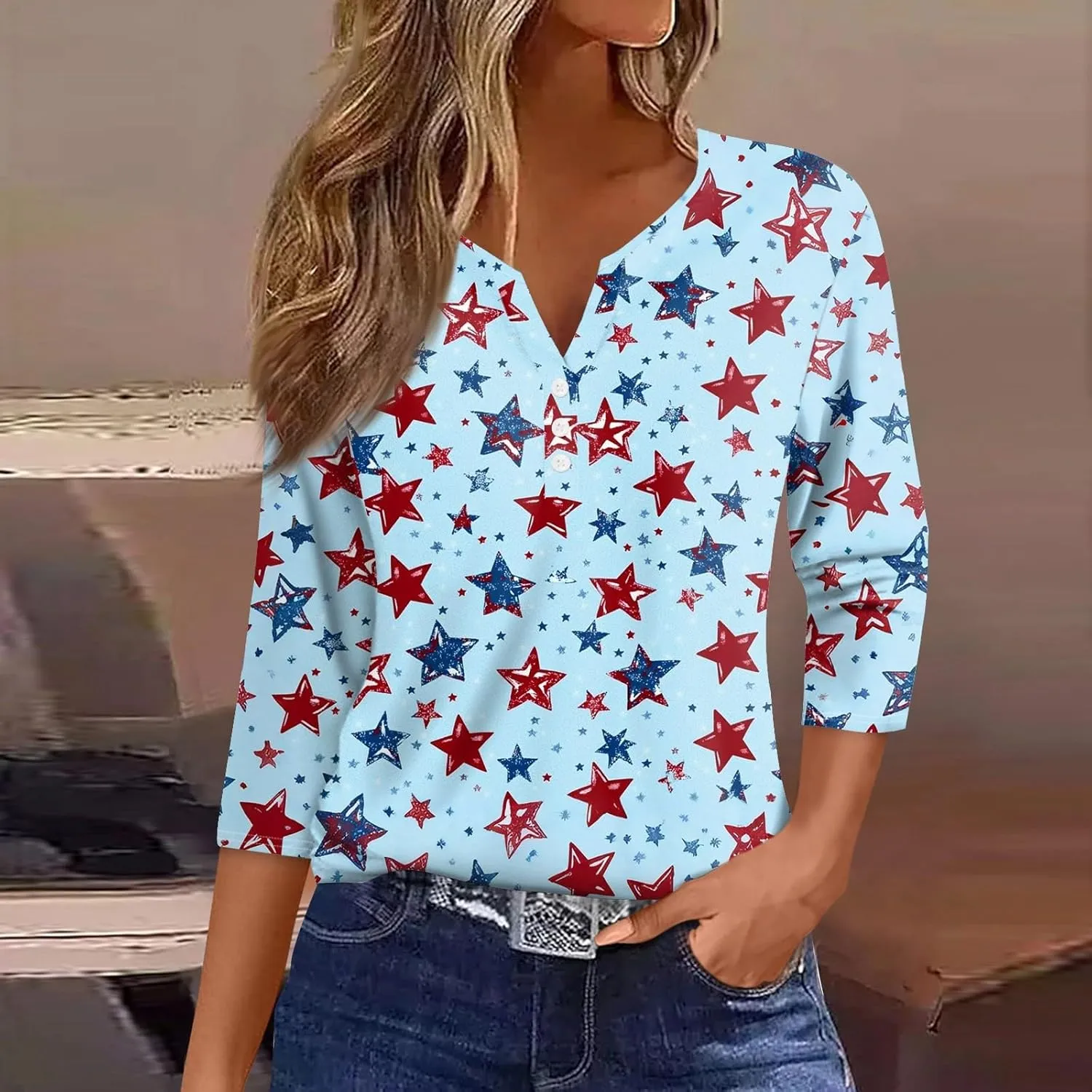 3/4 Length Sleeve Womens Tops Henley V Neck Summer Shirts Casual Elbow Length Button Down Shirt Floral Print Blouses