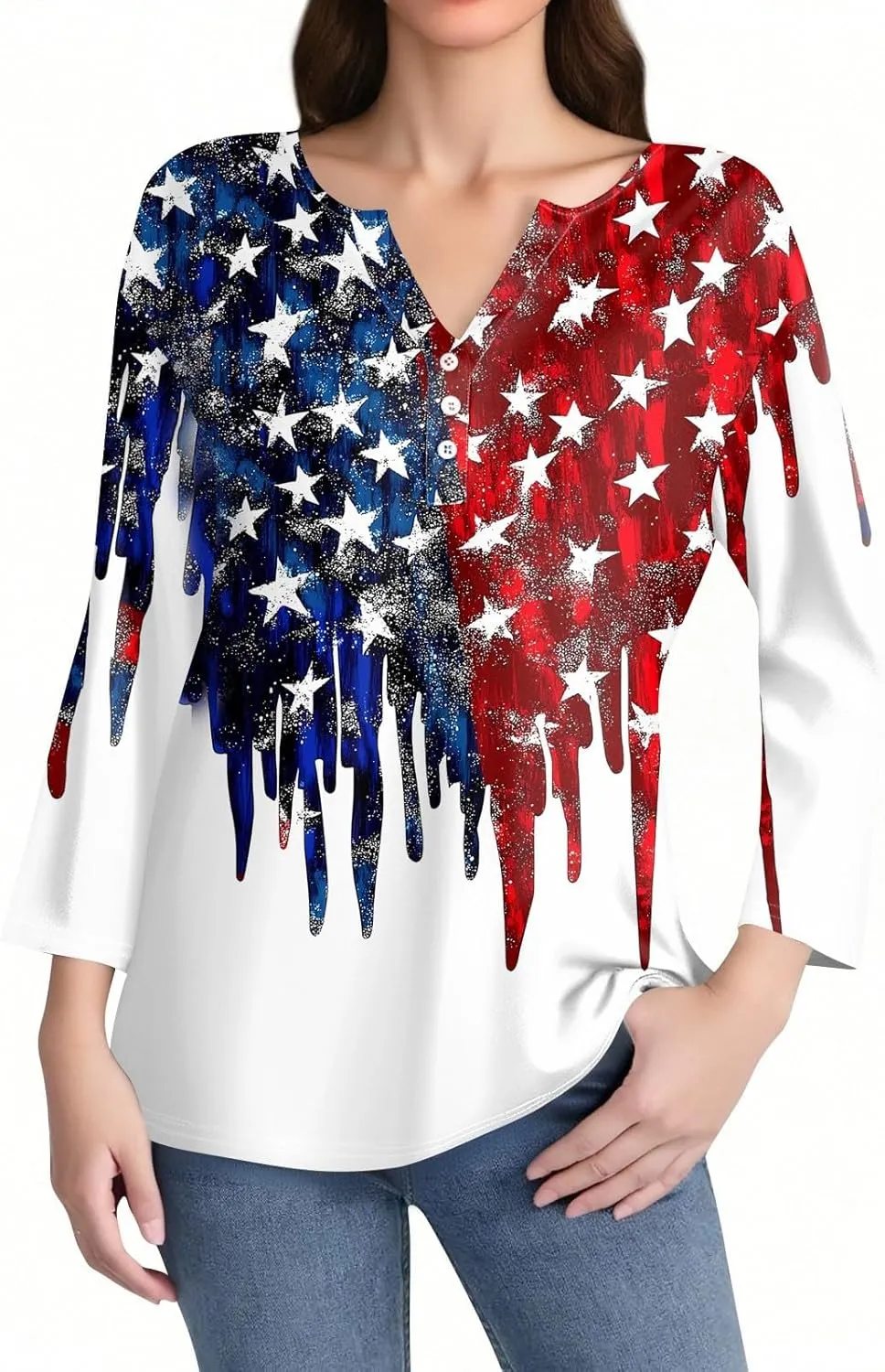 3/4 Length Sleeve Womens Tops Henley V Neck Summer Shirts Casual Elbow Length Button Down Shirt Floral Print Blouses