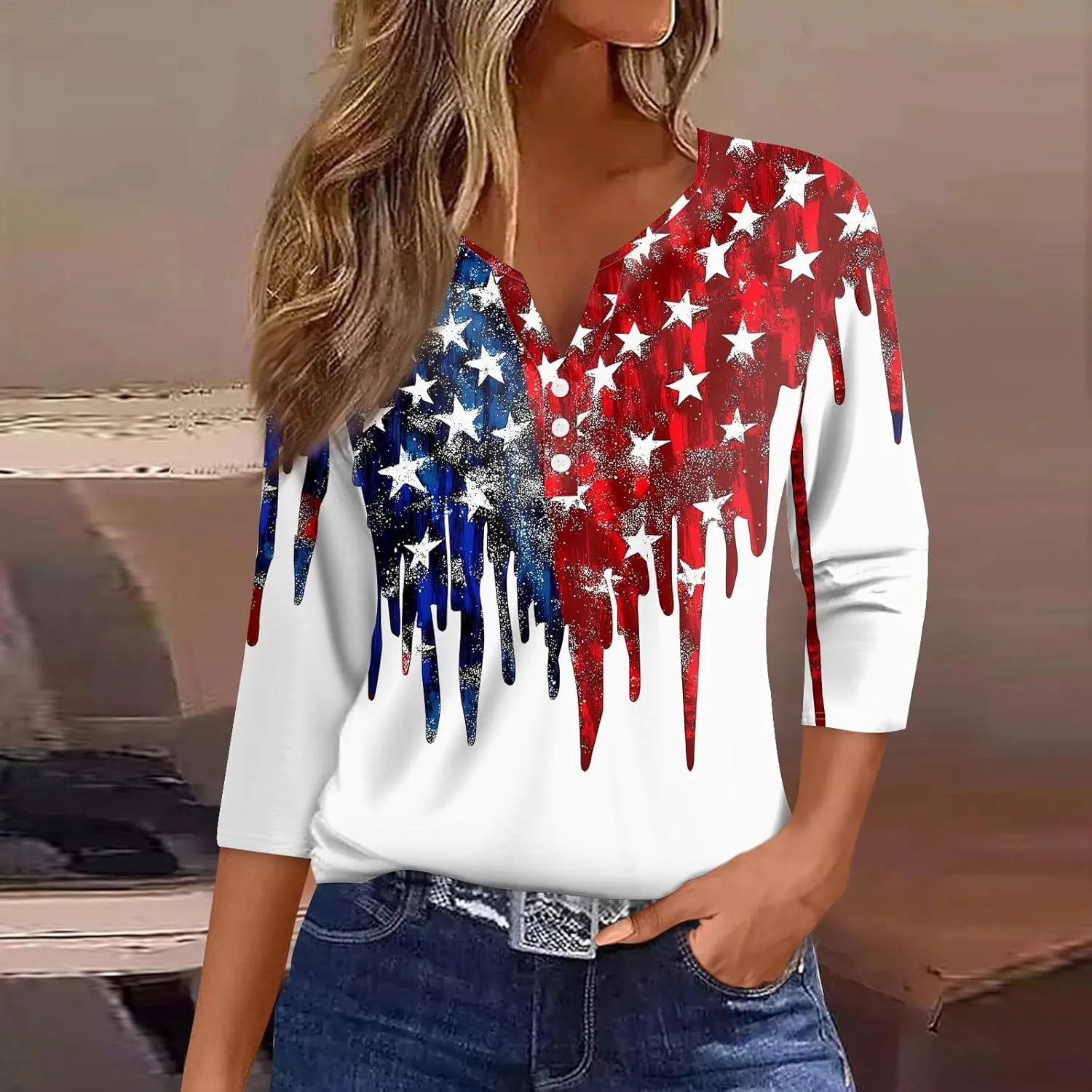 3/4 Length Sleeve Womens Tops Henley V Neck Summer Shirts Casual Elbow Length Button Down Shirt Floral Print Blouses