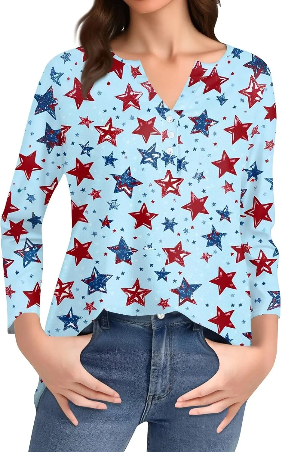 3/4 Length Sleeve Womens Tops Henley V Neck Summer Shirts Casual Elbow Length Button Down Shirt Floral Print Blouses