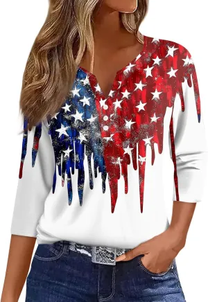 3/4 Length Sleeve Womens Tops Henley V Neck Summer Shirts Casual Elbow Length Button Down Shirt Floral Print Blouses