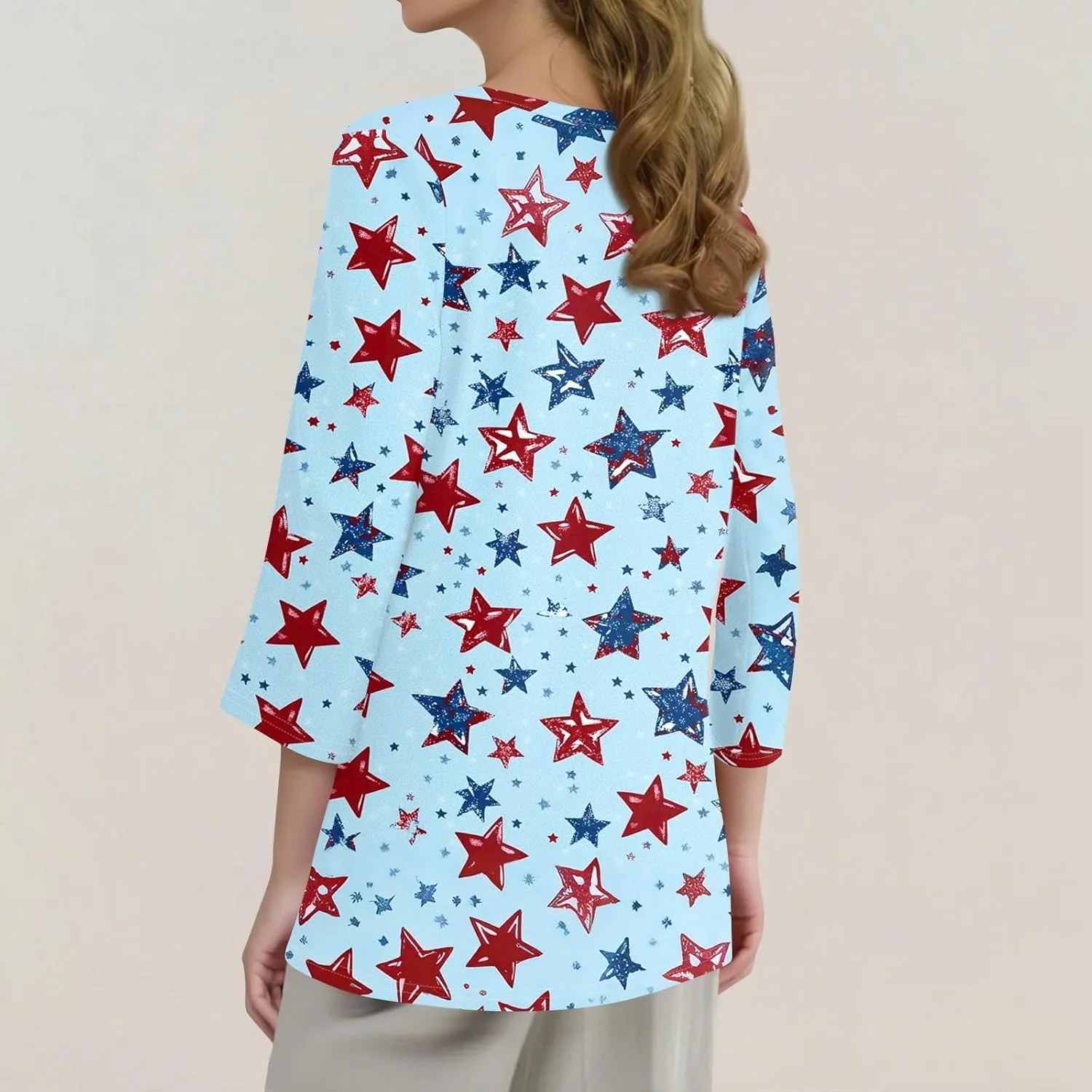 3/4 Length Sleeve Womens Tops Henley V Neck Summer Shirts Casual Elbow Length Button Down Shirt Floral Print Blouses