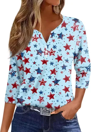 3/4 Length Sleeve Womens Tops Henley V Neck Summer Shirts Casual Elbow Length Button Down Shirt Floral Print Blouses