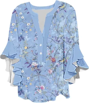 3/4 Sleeve Tops for Women Ruffle Sleeve Blouses Dressy Oversized Shirts Button V Neck Flowy Tunic Tops Retro Floral Tee