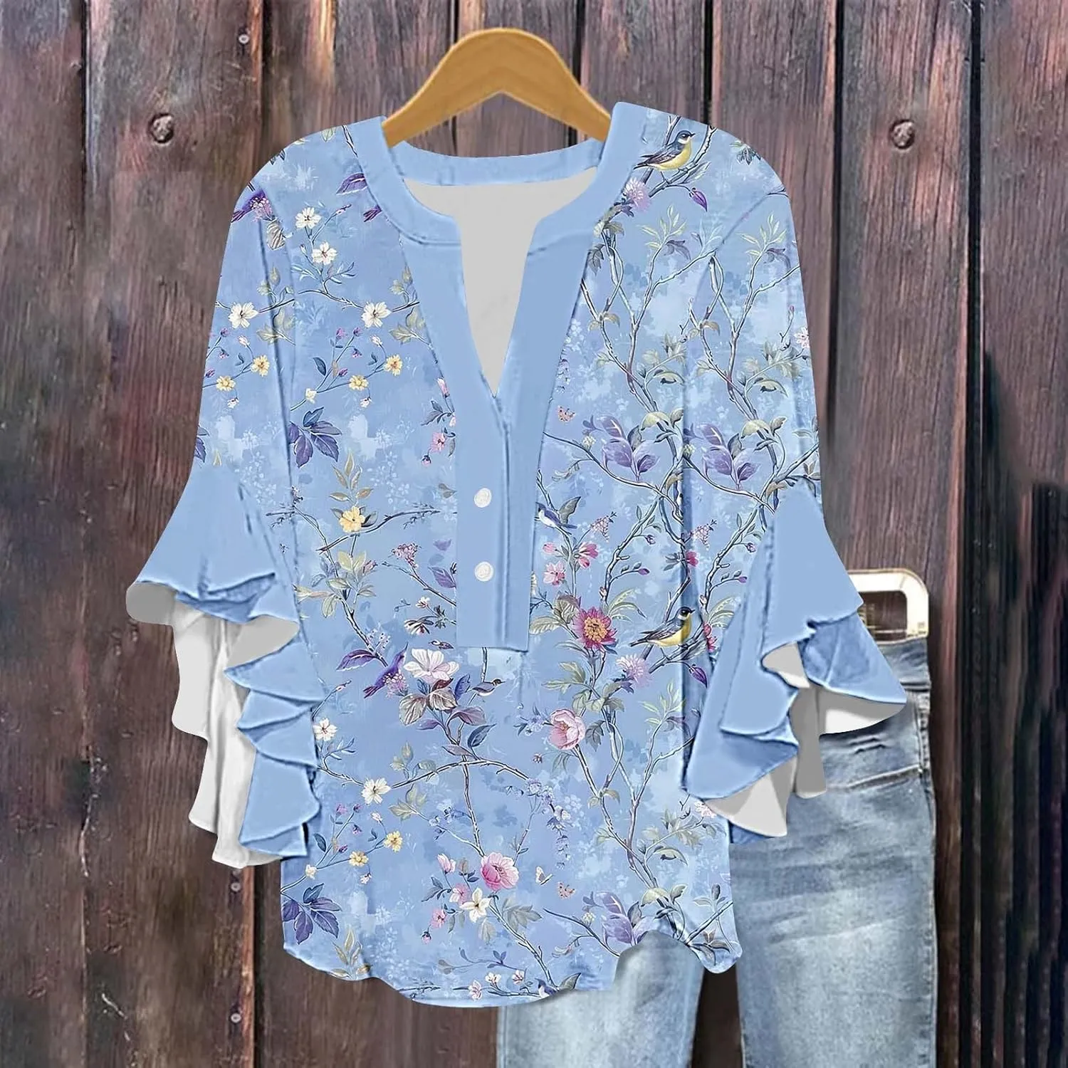3/4 Sleeve Tops for Women Ruffle Sleeve Blouses Dressy Oversized Shirts Button V Neck Flowy Tunic Tops Retro Floral Tee