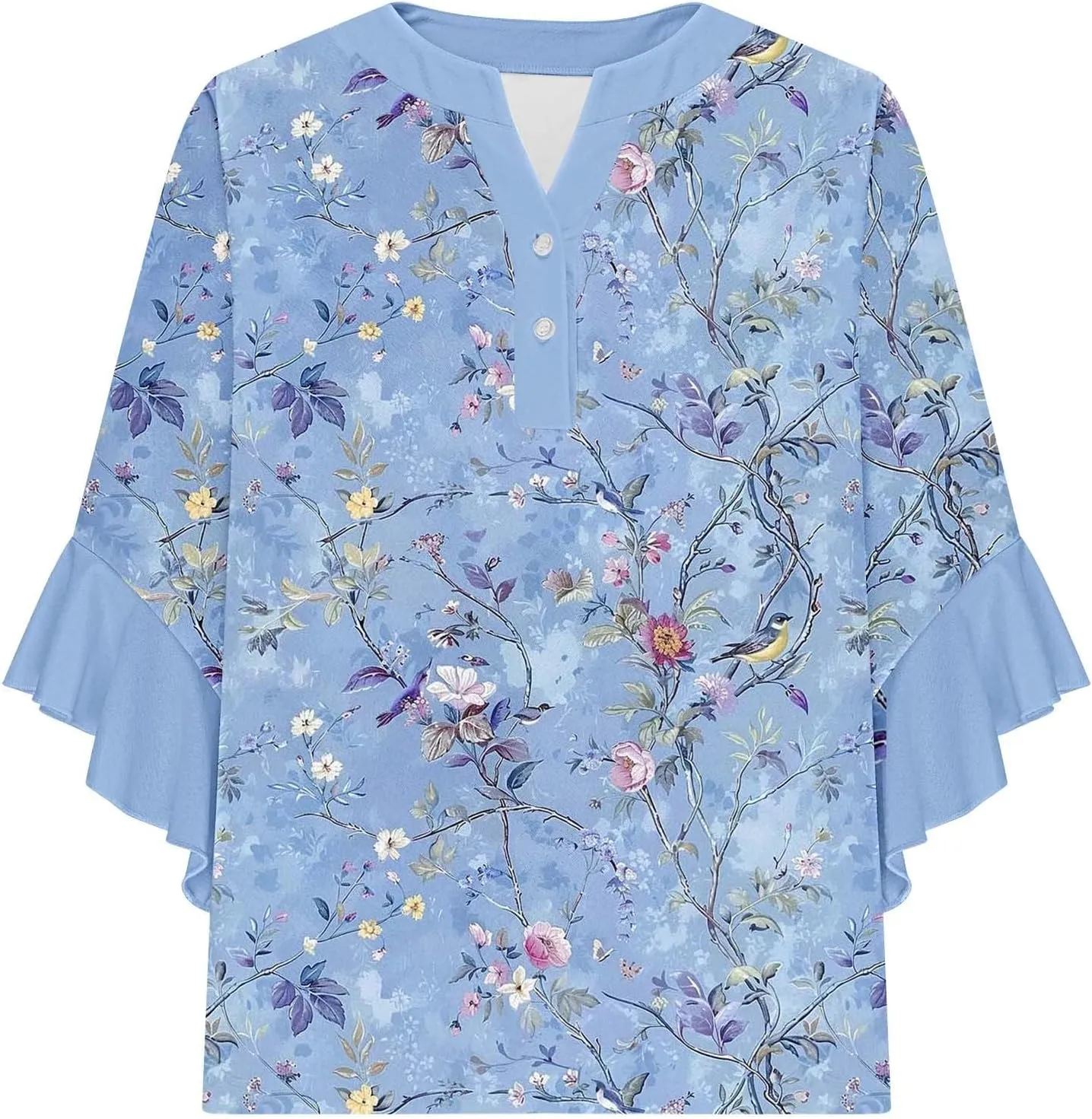 3/4 Sleeve Tops for Women Ruffle Sleeve Blouses Dressy Oversized Shirts Button V Neck Flowy Tunic Tops Retro Floral Tee