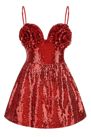 3d Flower Corset Sequin A Line Mini Dress in Burgundy