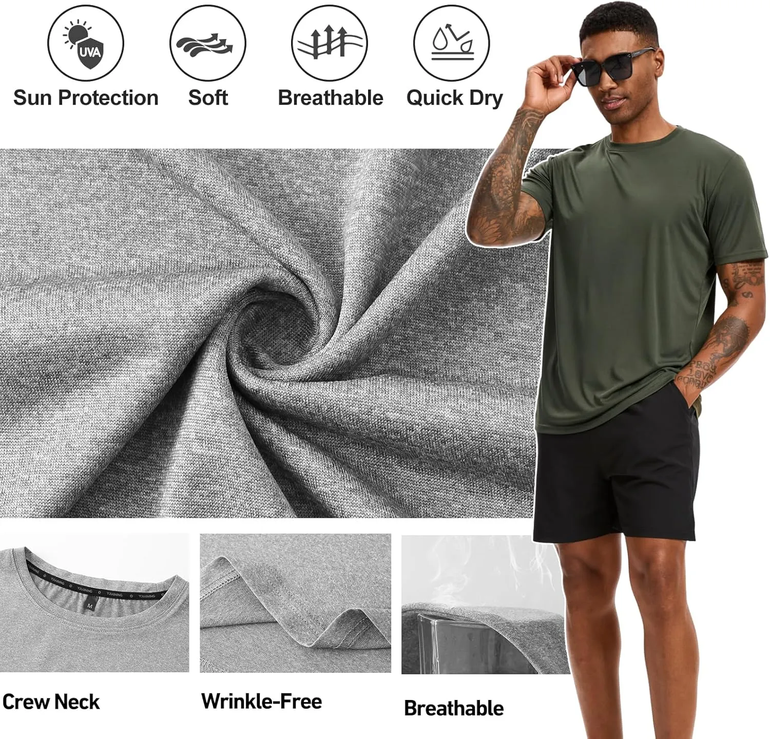 5 Pack Workout Shirts for Men T Shirts Quick Dry UPF 50  Sun Protection Athletic Short Sleeve Tops Lightweight Summer Tee