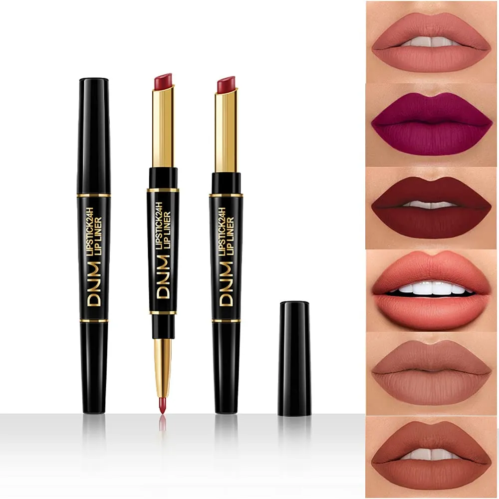 6Pcs Lip Liner and Lipstick Set, DNM Double Color Head Matte Lipstick 24H & Lip Liner 2 in 1 Kit,Waterproof Long Lasting Dark Red Matte Mat Lipstick Gift Set with Matching Lipliner Pens