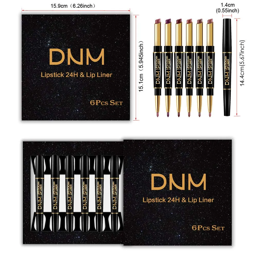 6Pcs Lip Liner and Lipstick Set, DNM Double Color Head Matte Lipstick 24H & Lip Liner 2 in 1 Kit,Waterproof Long Lasting Dark Red Matte Mat Lipstick Gift Set with Matching Lipliner Pens