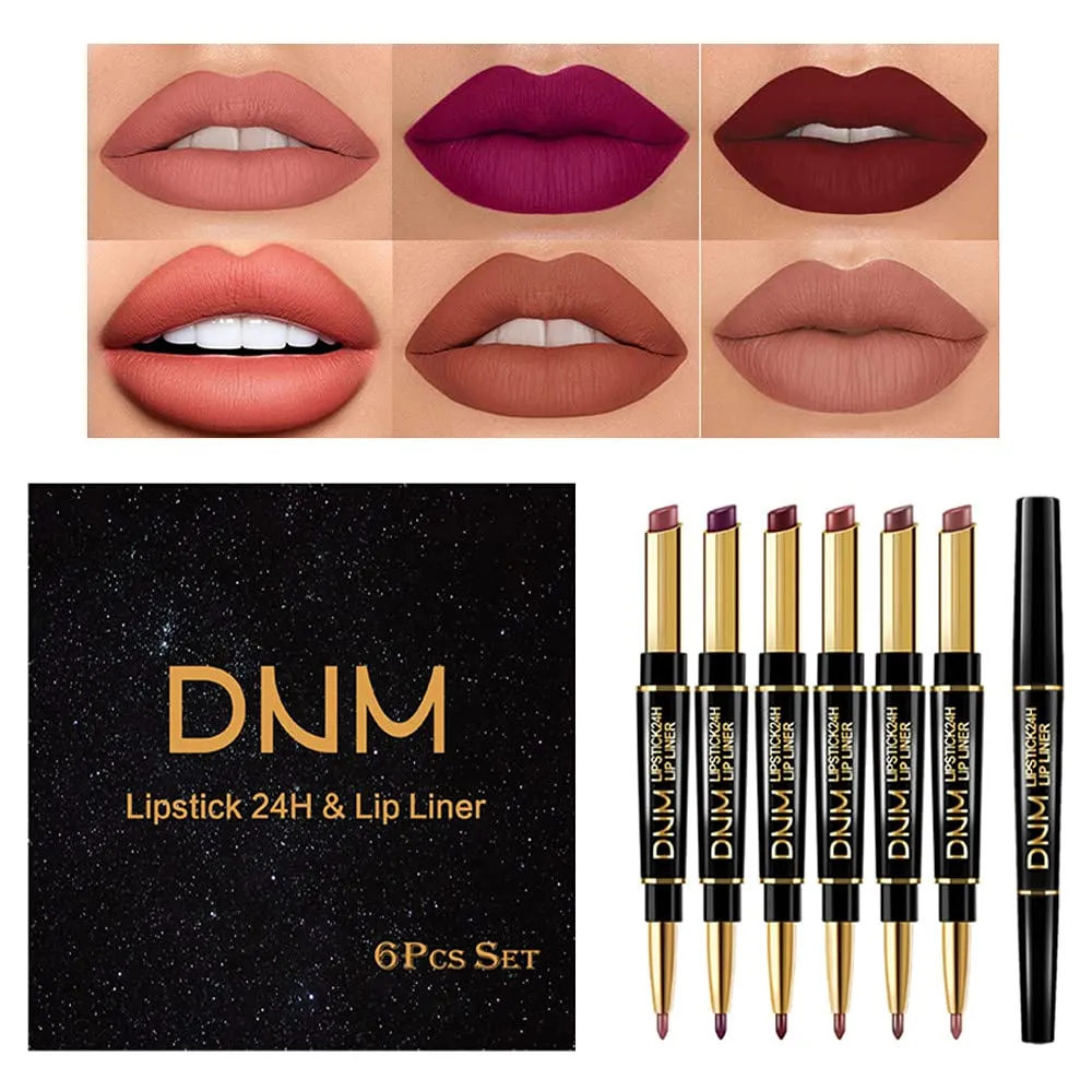 6Pcs Lip Liner and Lipstick Set, DNM Double Color Head Matte Lipstick 24H & Lip Liner 2 in 1 Kit,Waterproof Long Lasting Dark Red Matte Mat Lipstick Gift Set with Matching Lipliner Pens