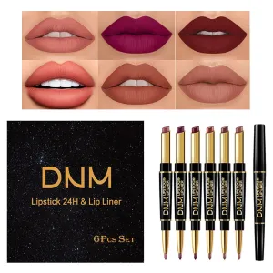 6Pcs Lip Liner and Lipstick Set, DNM Double Color Head Matte Lipstick 24H & Lip Liner 2 in 1 Kit,Waterproof Long Lasting Dark Red Matte Mat Lipstick Gift Set with Matching Lipliner Pens