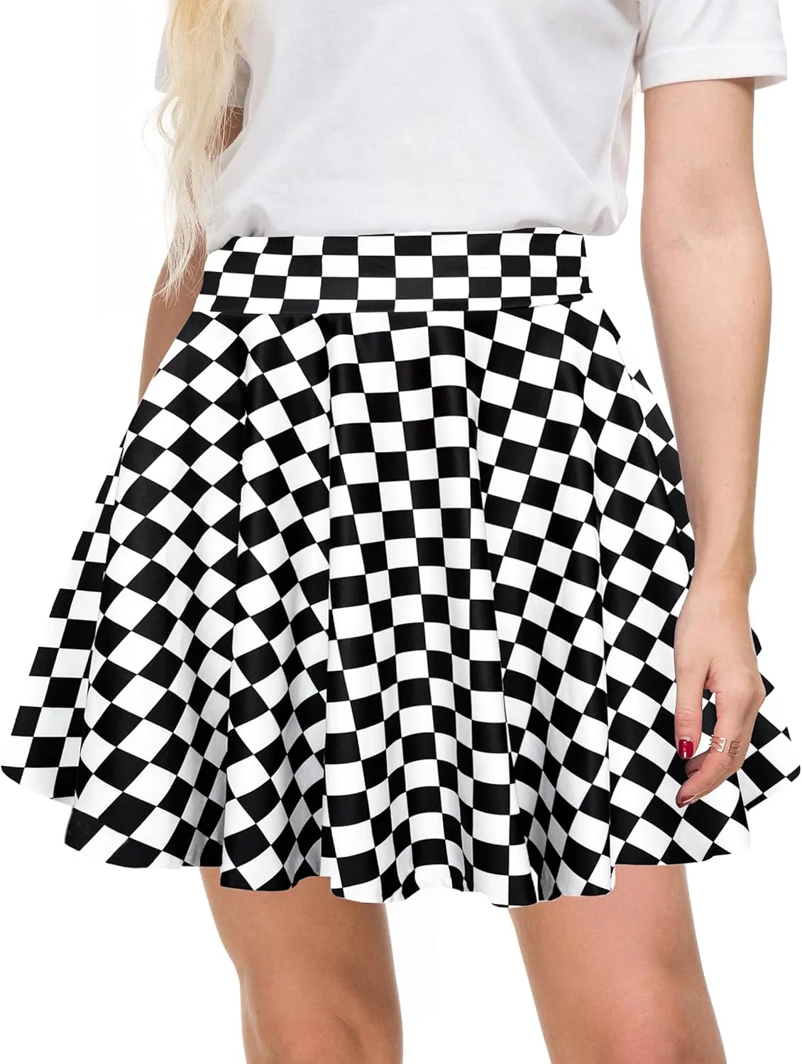 Afibi Women's Casual High Waisted Mini Flared Print Pleated Skater Skirt