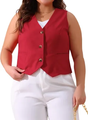 Agnes Orinda Plus Size Linen Vest for Women Sleeveless Lined Waistcoat Suit Vest Blazer Crop Top with Pockets Casual Work