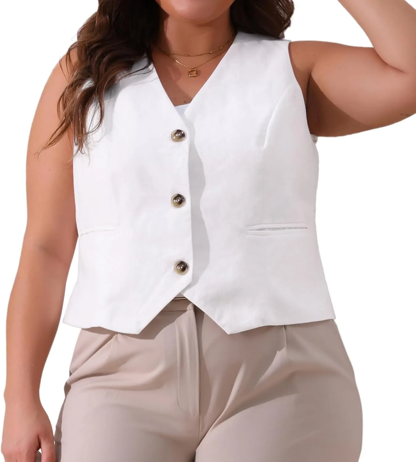 Agnes Orinda Plus Size Linen Vest for Women Sleeveless Lined Waistcoat Suit Vest Blazer Crop Top with Pockets Casual Work