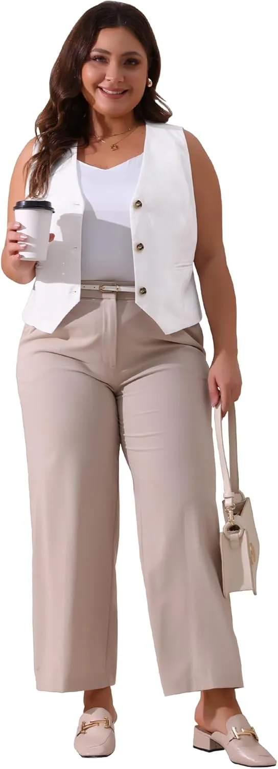 Agnes Orinda Plus Size Linen Vest for Women Sleeveless Lined Waistcoat Suit Vest Blazer Crop Top with Pockets Casual Work
