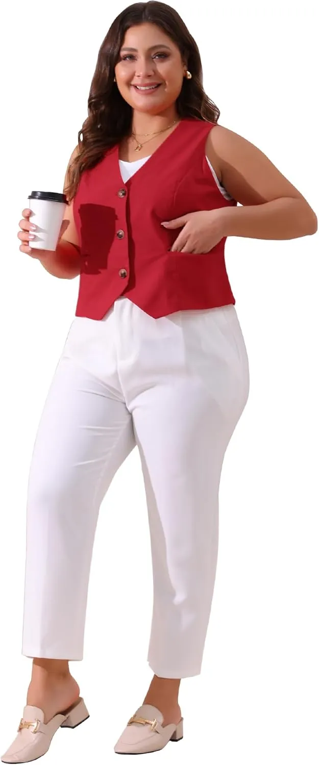 Agnes Orinda Plus Size Linen Vest for Women Sleeveless Lined Waistcoat Suit Vest Blazer Crop Top with Pockets Casual Work