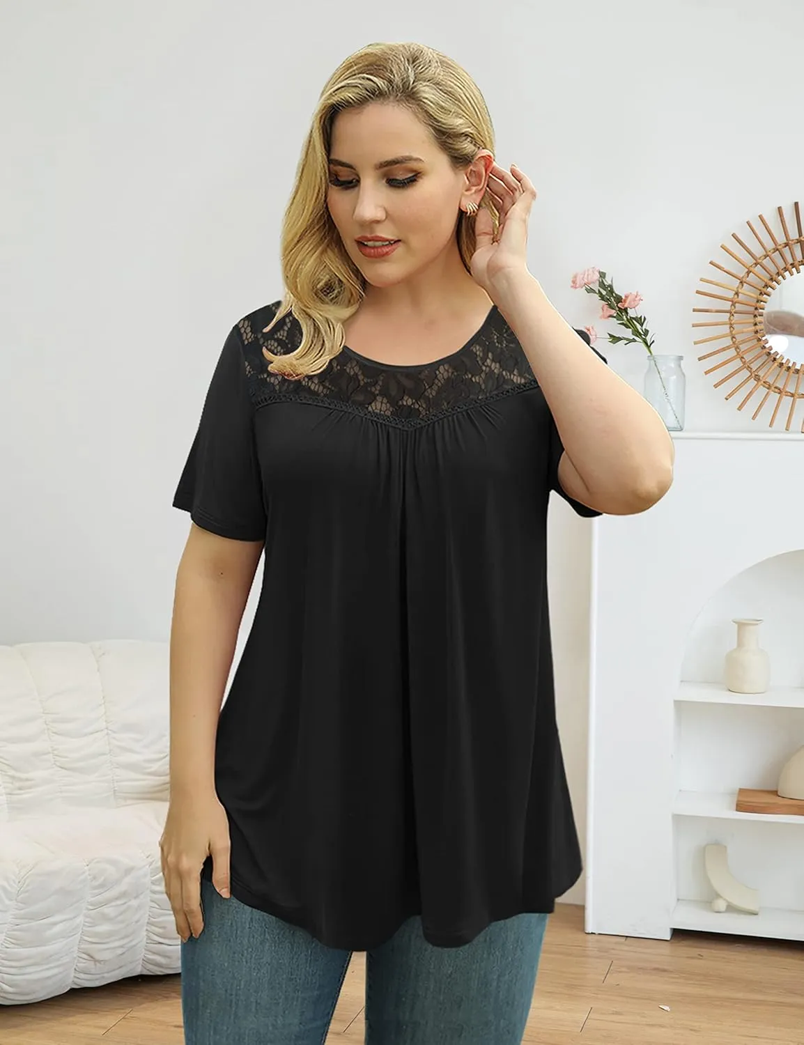 Ahlaray Women's Plus Size Summer Tops Short Sleeve Shirts Lace Pleated Tunic Tops Blouses M-4XL
