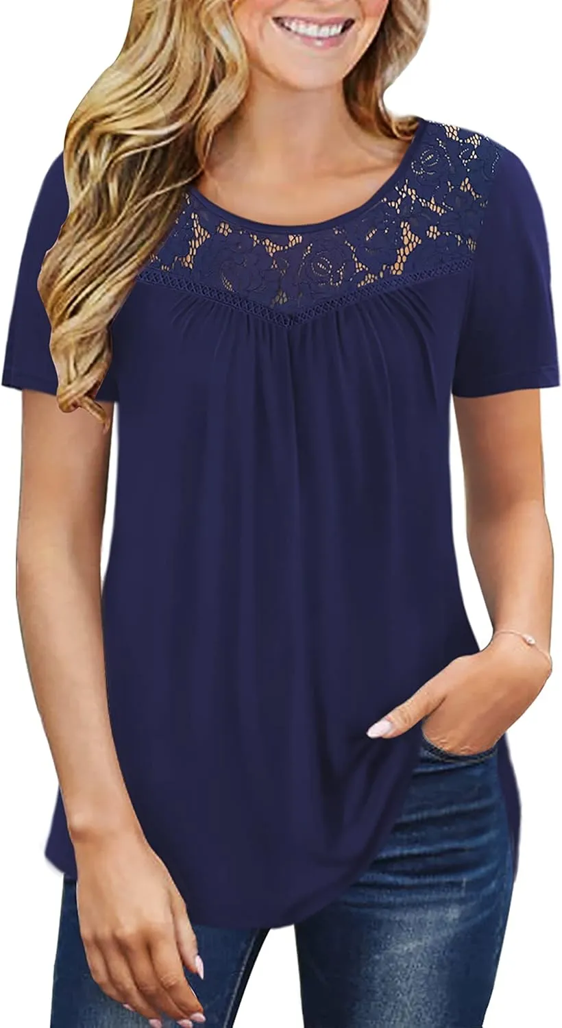 Ahlaray Women's Plus Size Summer Tops Short Sleeve Shirts Lace Pleated Tunic Tops Blouses M-4XL