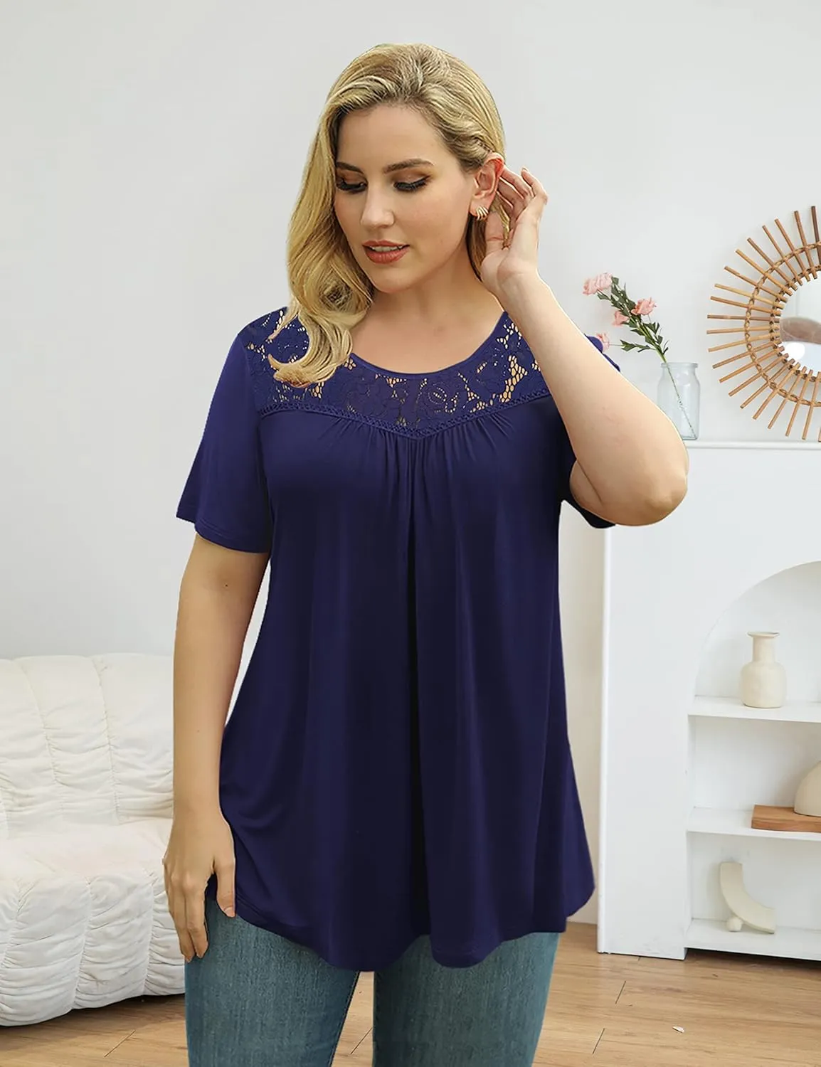 Ahlaray Women's Plus Size Summer Tops Short Sleeve Shirts Lace Pleated Tunic Tops Blouses M-4XL