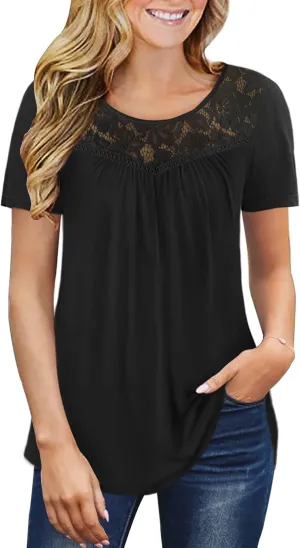 Ahlaray Women's Plus Size Summer Tops Short Sleeve Shirts Lace Pleated Tunic Tops Blouses M-4XL