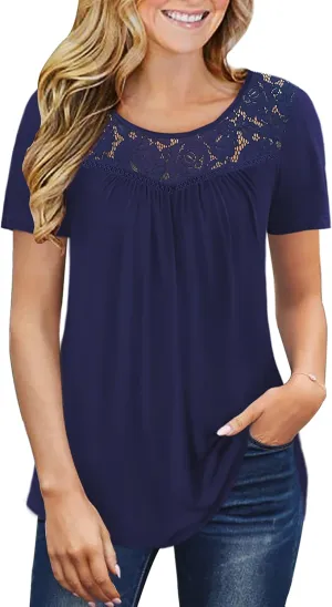 Ahlaray Women's Plus Size Summer Tops Short Sleeve Shirts Lace Pleated Tunic Tops Blouses M-4XL
