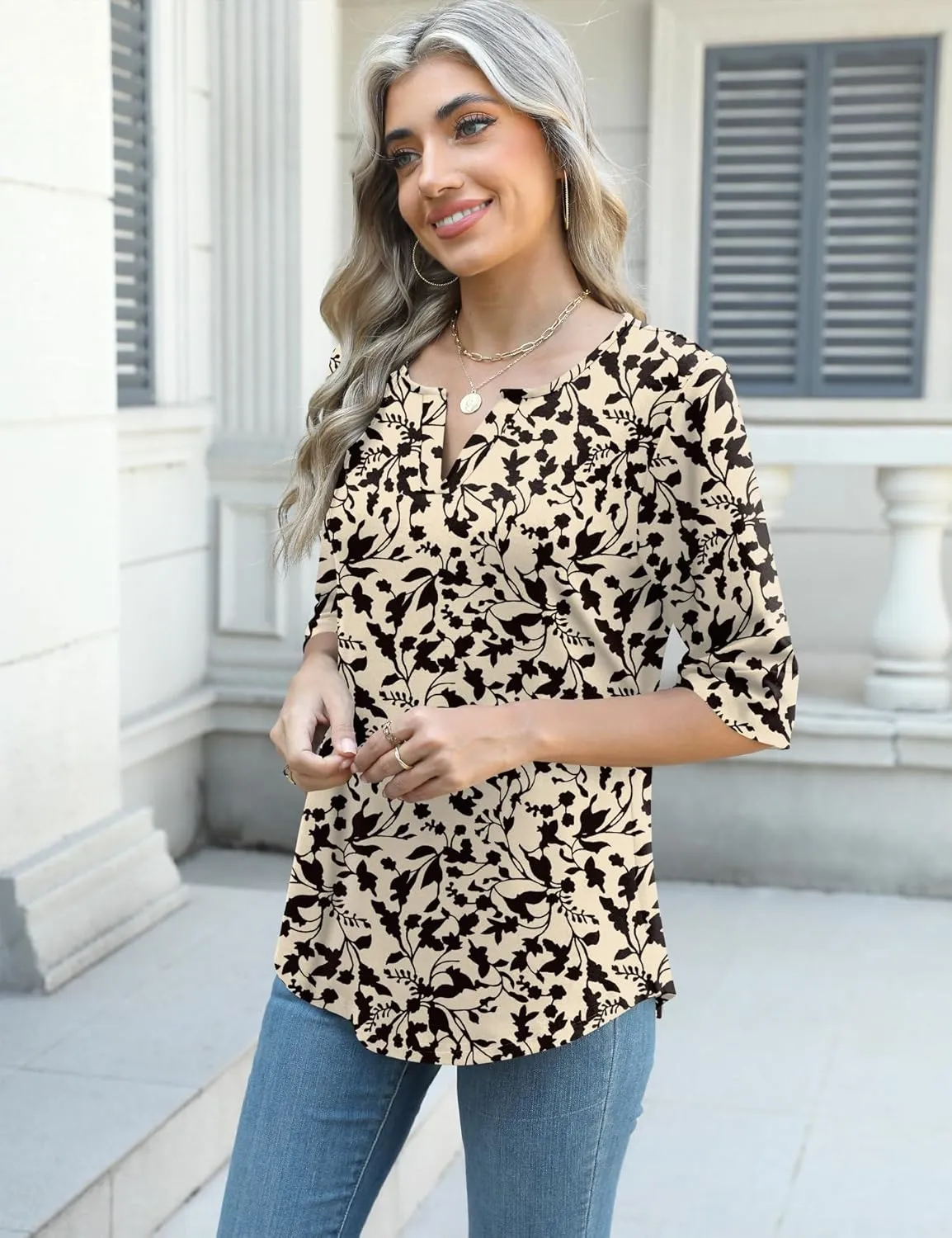 AKEWEI Women's V Neck 3/4 Sleeve T Shirts Summer Top Dressy Casual Basic Tees Shirt Tunic Blouses
