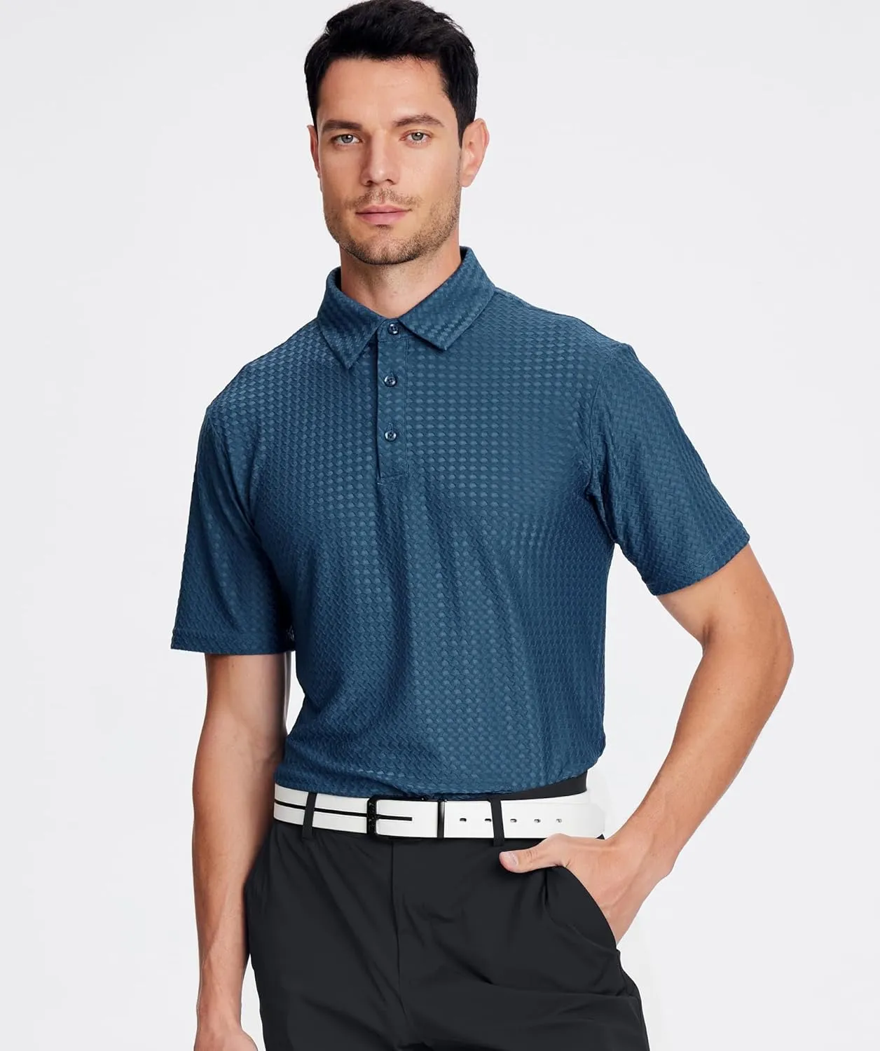 Alex Vando Mens Bubble Jacquard Polo Shirt Super Stretch Short Sleeve Polo Shirts for Men