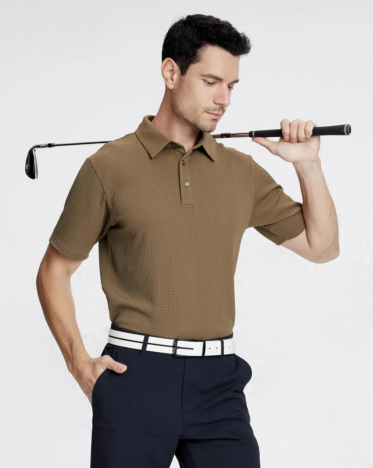 Alex Vando Mens Bubble Jacquard Polo Shirt Super Stretch Short Sleeve Polo Shirts for Men