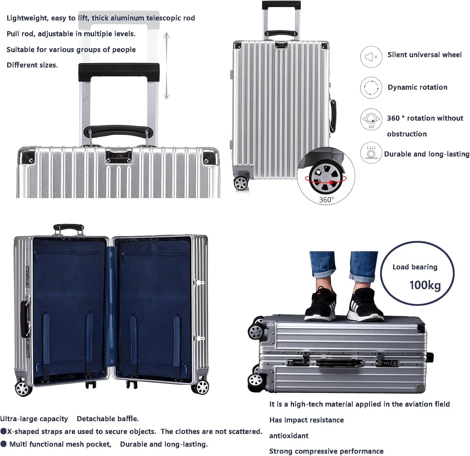 Aluminium Silver Carry-On Suitcase with Spinner Wheels - 26 Inch Travel Luggage(1,20in)