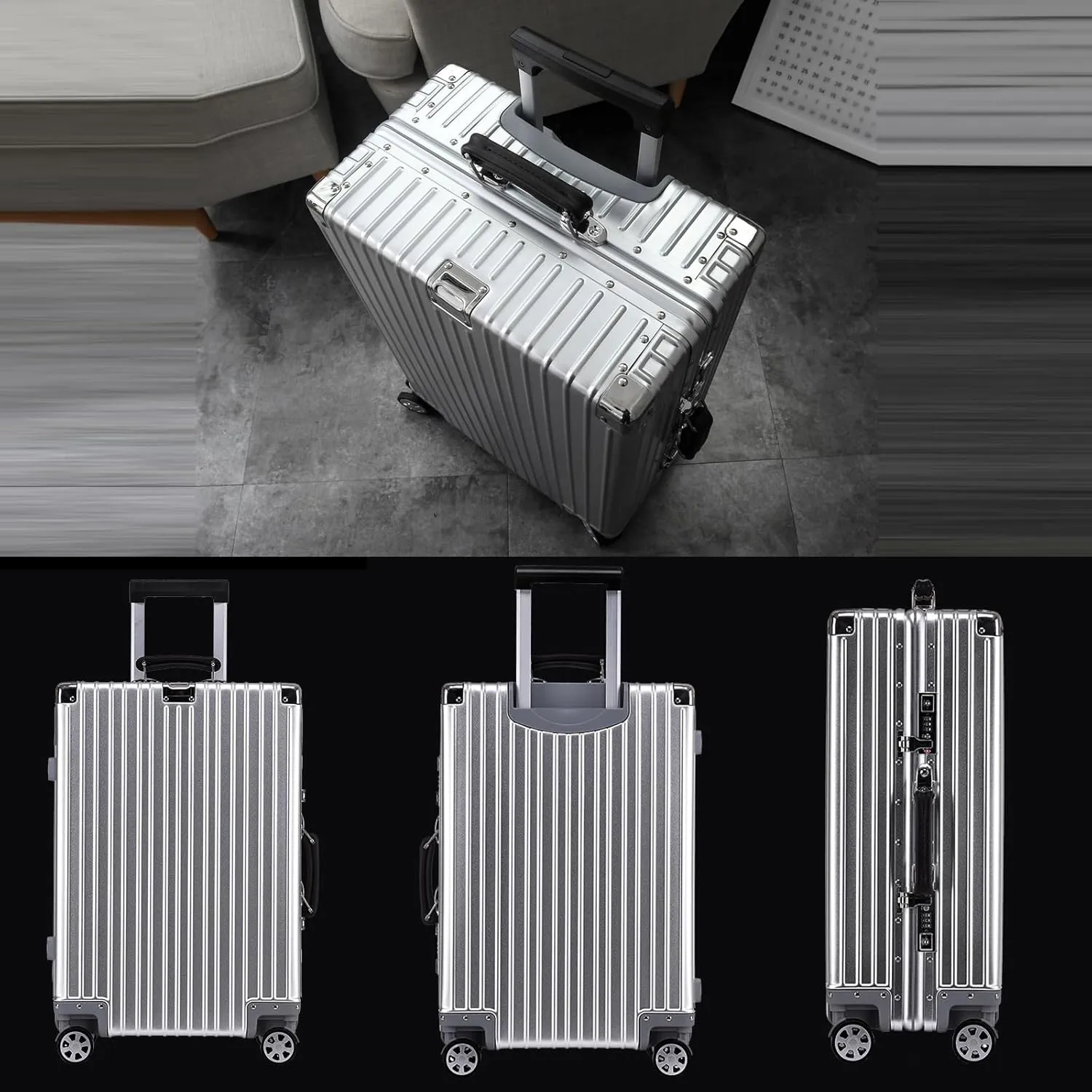 Aluminium Silver Carry-On Suitcase with Spinner Wheels - 26 Inch Travel Luggage(3,20in)