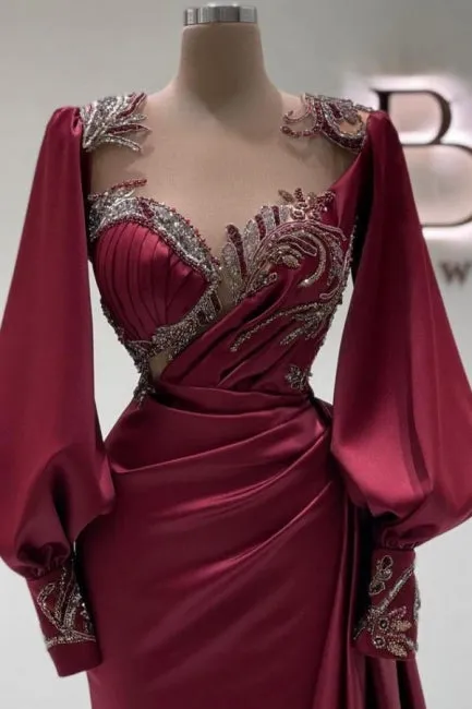 Amazing Long Burgundy Mermaid Beading Lace Prom Dresses with Long Sleeves