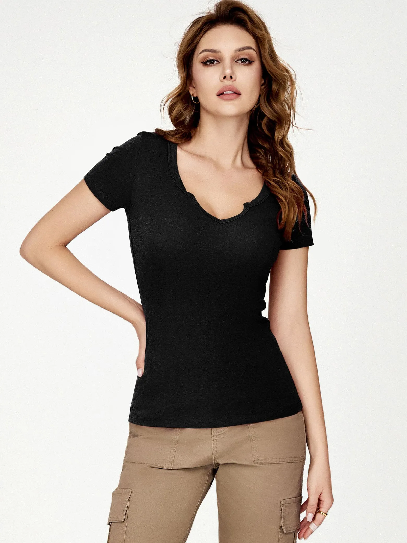 Amoretu Notch V Scoop Neck Ribbed Tight-Fit Short Sleeves Top