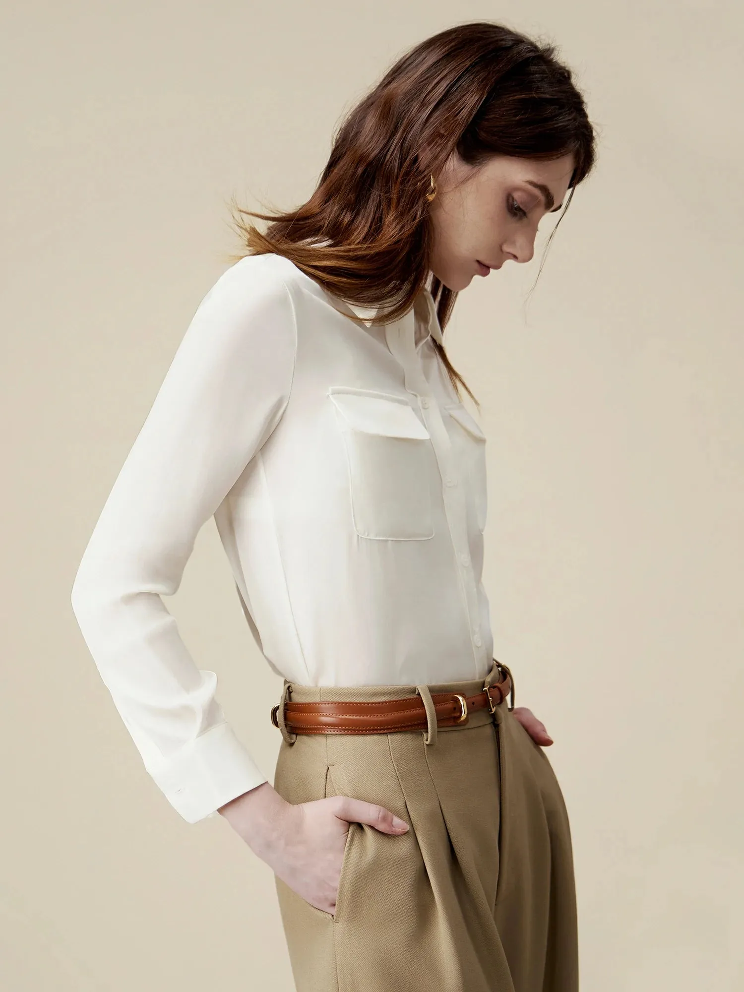 Amoretu Silk Standing Collar Long Sleeve Blouse